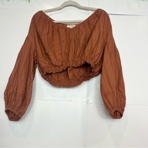 NWT Universal Thread Brown Cropped Blouse  Balloon Sleeves Peasant Top